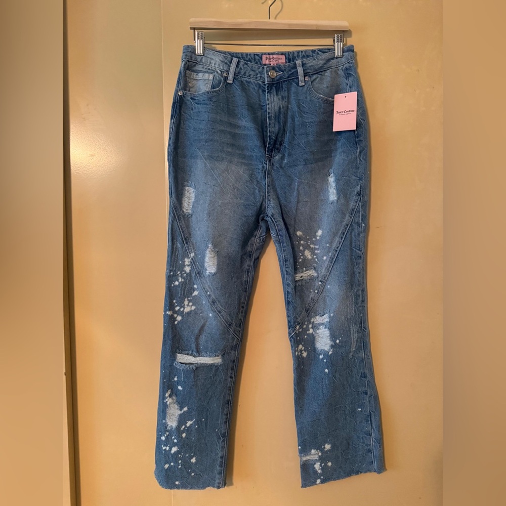 NWT Juicy Couture Two Hearts Distressed Straight Leg Jeans Blue Size 30 - Picture 4 of 6